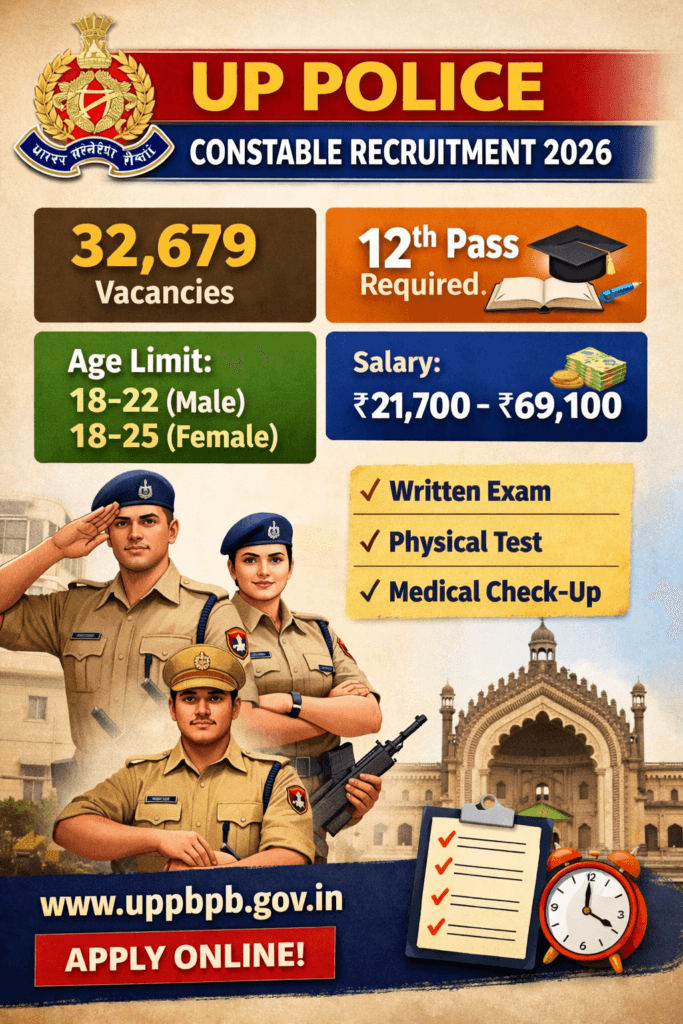 UP Police Constable Recruitment 2026: Apply Online for 32,679 Vacancies, Eligibility, Dates